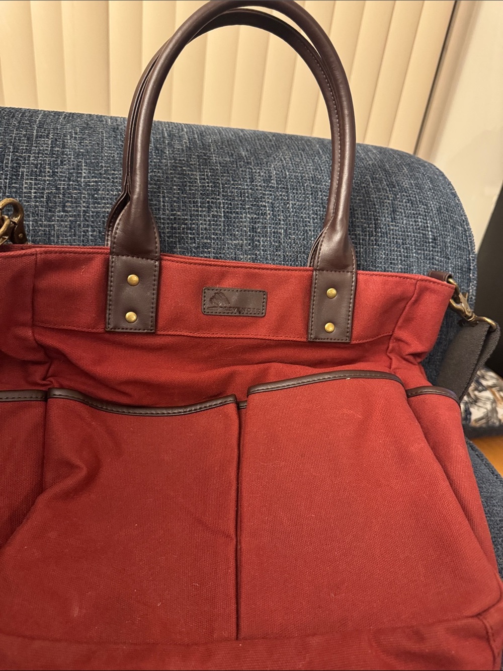 Levenger Red Canvas Tote with Brown Trim - Unbranded